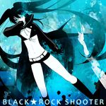  belt black_bikini_top black_cloak black_hair black_legwear black_rock_shooter black_rock_shooter_(character) black_shorts blue_eyes burning_eye character_name copyright_name covering_mouth flat_chest floating_hair front-tie_bikini front-tie_top groin hair_between_eyes hand_over_own_mouth kneehighs long_hair mami_(apsaras) midriff navel scar short_shorts shorts solo stomach twintails very_long_hair 