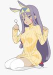  absurdres animal_ears breasts dark_skin donguri_suzume facial_mark fate/grand_order fate_(series) full_body hairband highres jackal_ears long_hair long_sleeves looking_at_viewer medium_breasts nitocris_(fate/grand_order) no_shoes open_mouth purple_eyes purple_hair ribbed_sweater seiza sitting smile sweater thighhighs white_background white_legwear 