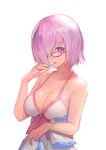 bangs bare_arms bare_shoulders breasts cleavage collarbone dress fate/grand_order fate_(series) glasses hair_over_one_eye hand_up holding kawahara_ryuuta large_breasts looking_at_viewer mash_kyrielight mouth_hold open_mouth purple-framed_eyewear purple_eyes purple_hair short_hair simple_background sleeveless sleeveless_dress solo spaghetti_strap white_background white_dress 