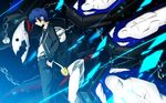  belt black_jacket black_pants black_ribbon blue_eyes blue_hair chain dress_shirt hair_between_eyes hands_in_pockets headphones highres jacket male_focus neck_ribbon nekominase open_clothes open_jacket pants persona persona_3 ribbon school_uniform shirt thanatos white_shirt yuuki_makoto 