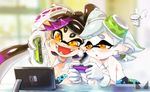  2girls aori_(splatoon) artist_name black_hair blurry brown_eyes chichi_band cousins depth_of_field detached_collar domino_mask earrings fangs food gloves grey_hair hotaru_(splatoon) jewelry joy-con long_hair mask mole mole_under_eye multiple_girls nintendo_switch open_mouth parted_lips pointy_ears short_hair sitting splatoon_(series) strapless sushi tentacle_hair watermark white_gloves 