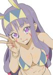  absurdres animal_ears bikini breasts cleavage dark_skin donguri_suzume facial_mark fate/grand_order fate_(series) hairband highres jackal_ears long_hair looking_at_viewer medium_breasts nail_polish navel nitocris_(fate/grand_order) open_mouth purple_eyes purple_hair smile swimsuit white_background 