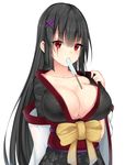  black_hair blush breasts chixiao cleavage eyebrows_visible_through_hair food hair_ornament highres large_breasts long_hair looking_at_viewer original popsicle red_eyes scar solo upper_body x_hair_ornament 