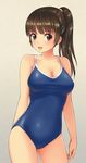  :d bangs bare_arms black_eyes black_hair breasts cleavage competition_school_swimsuit cowboy_shot large_breasts long_hair looking_at_viewer one-piece_swimsuit open_mouth original ponytail poripori school_swimsuit shiny shiny_hair smile solo standing swimsuit 