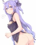  1girl alternate_costume ass azur_lane bangs bare_arms bare_shoulders black_dress black_ribbon blunt_bangs blush bottomless breasts china_dress chinese_clothes commentary_request dress hair_between_eyes hair_bun hair_ornament hair_ribbon hasu_(hk_works) long_hair looking_at_viewer looking_back purple_eyes purple_hair ribbon side_bun small_breasts solo spoken_blush sweatdrop tareme unicorn_(azur_lane) wavy_hair 