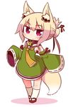  animal_ears bell bell_collar blonde_hair blush chibi collar eyebrows_visible_through_hair fox_ears fox_tail full_body highres kemomimi-chan_(naga_u) kneehighs looking_at_viewer naga_u original pink_eyes sandals short_hair solo tail white_legwear 