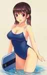  :d breasts brown_hair cleavage competition_school_swimsuit highleg highleg_swimsuit kickboard large_breasts long_hair looking_at_viewer low_twintails one-piece_swimsuit open_mouth original poripori red_eyes school_swimsuit smile solo standing swimsuit twintails wading water 