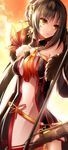  ara_han black_hair breasts cat820 choker dress elsword hair_ornament highres holding holding_weapon long_hair looking_at_viewer medium_breasts parted_lips shiny shiny_skin solo standing strapless strapless_dress weapon yama_raja_(elsword) yellow_eyes 