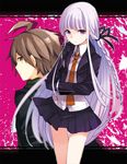  1girl ahoge black_gloves black_jacket black_ribbon black_skirt braid brown_eyes brown_hair danganronpa danganronpa_1 gloves hair_ribbon jacket kirigiri_kyouko long_hair looking_at_viewer looking_back miniskirt naegi_makoto necktie orange_neckwear pleated_skirt purple_eyes ribbon shirt silver_hair skirt standing very_long_hair white_shirt yuru1031 zipper 