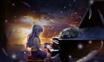  angel_beats! blue_skirt brown_jacket closed_eyes from_side instrument jacket long_hair music outdoors piano playing_instrument playing_piano pleated_skirt sanyuejiuri silver_hair sitting skirt solo tenshi_(angel_beats!) white_feathers 