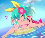  ;o ? aqua_hair ass barefoot beachhime blue_sky blush_stickers breasts chibi clitoris cloud day earrings feet flower green_innertube hair_between_eyes hair_flower hair_ornament hair_ribbon hibiscus innertube jewelry long_hair looking_at_viewer looking_away medium_breasts multicolored_hair navel nipples nollety nude one_eye_closed outdoors pink_eyes ponytail pussy ribbon see-through sky soles solo spread_legs star star_earrings tentacles uncensored v water youkai_watch 