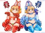  :3 :d alternate_costume animal_ears blue_eyes blue_hair breasts brown_eyes brown_hair character_name chibi claws cleavage commentary_request elbow_gloves gloves gradient_hair jewelry kemono_friends looking_at_viewer medium_breasts multicolored_hair multiple_girls navel necklace open_mouth partial_commentary paw_gloves paw_pose paws red_hair seiza serval_(kemono_friends) serval_ears serval_print serval_tail shiisaa_lefty shiisaa_right shiserval_lefty shiserval_right short_hair simple_background sitting smile tail tanaka_kusao thighhighs v-shaped_eyebrows white_background 