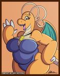  anthro dragonite female looking_at_viewer nintendo open_mouth pok&eacute;mon sketchybug slightly_chubby smile solo standing video_games wings 