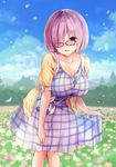  bag between_breasts black-framed_eyewear blouse blue_dress breasts cloud cloudy_sky collarbone day dress fate/grand_order fate_(series) field flower flower_field fou_(fate/grand_order) glasses hair_over_one_eye hand_on_own_thigh knees_together_feet_apart large_breasts leaning_forward mafuyu mash_kyrielight open_mouth outdoors petals plaid plaid_dress purple_eyes purple_hair see-through_silhouette short_hair short_sleeves shoulder_bag skirt_hold sky solo standing yellow_blouse 