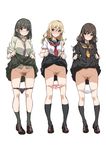  absurdres ass_visible_through_thighs bangs black_eyes black_hair black_legwear blonde_hair blunt_bangs blush breasts brown_hair colored_pubic_hair eyebrows_visible_through_hair full_body hair_between_eyes highres kneehighs large_breasts loafers long_hair low_twintails medium_hair multiple_girls necktie non-web_source original panties panty_pull parted_lips pink_panties pubic_hair purple_panties saitou_masatsugu school_uniform serafuku shoes simple_background skirt skirt_lift sleeves_rolled_up small_breasts smile socks standing twintails underwear white_background white_panties yellow_eyes 