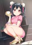  ankle_strap bangs baozi birthday black_hair blush breasts bun_cover china_dress chinese_clothes dated double_bun dress eating english food hair_ribbon happy_birthday high_heels holding holding_food looking_at_viewer love_live! love_live!_school_idol_project micopp pink_dress pink_ribbon red_eyes ribbon sandals short_sleeves sitting sitting_on_stairs small_breasts smile solo stairs twintails yazawa_nico 
