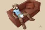  2017 5_fingers 5_toes anthro bear brown_eyes brown_fur brown_hair claws clothed clothing collar cub diaper feet fur hair iztli male mammal pacifier partially_clothed short_hair signature simple_background smile sofa solo toes watermark young 