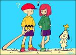  1girl ? arms_behind_back baseball_cap beagle bird black_border blonde_hair blue_shorts border brown_hair charlie_brown dog freckles green_shirt hat heart laughing looking_at_another noaki peanuts peppermint_patty sandals shirt shorts signature snoopy striped striped_shirt vertical_stripes woodstock yellow_shirt 