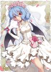  beni_kurage blush bouquet bow bridal_veil closed_mouth dress eyebrows_visible_through_hair fang_out flower highres holding holding_bouquet lavender_hair looking_at_viewer pink_bow pink_flower pink_rose pointy_ears red_eyes remilia_scarlet rose short_hair smile solo touhou veil wedding_dress white_dress 