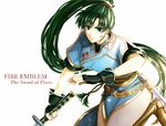  breasts delsaber dress fingerless_gloves fire_emblem fire_emblem:_rekka_no_ken fire_emblem_heroes gloves green_eyes green_hair high_ponytail jewelry long_hair looking_at_viewer lyndis_(fire_emblem) medium_breasts ponytail solo sword very_long_hair weapon 