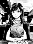  arms_on_table bangs breasts commentary_request dot_nose fingernails greyscale hand_on_hand highres jacket jacket_on_shoulders jewelry looking_at_viewer medium_breasts medium_hair monochrome necklace nikaidou_kou original shirt sitting sketch smile solo 