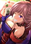  bare_shoulders blush breasts brown_hair cleavage cross cross_earrings dango earrings eyebrows_visible_through_hair fate/grand_order fate_(series) food highres jewelry kanzaki_kureha large_breasts looking_at_viewer miyamoto_musashi_(fate/grand_order) one_eye_closed parted_lips purple_eyes short_hair smile solo teeth wagashi 
