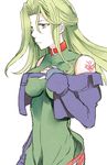  bare_shoulders breasts collar collarbone dress fingerless_gloves gloves green_eyes green_hair hayuki106 jacket lamia_loveless large_breasts long_hair simple_background solo super_robot_wars tattoo white_background 