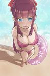  1girl beach bikini blue_eyes blush breasts brown_hair large_breasts mole navel new_game! ocean pink_bikini solo swimwear takimoto_hifumi 