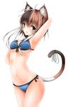  absurdres animal_ears arm_up armpits bikini bow brown_hair cat_ears cat_tail cowboy_shot green_eyes hair_between_eyes hair_ornament hairclip highres looking_at_viewer mage_(335656) mischa_(mage_(335656)) multicolored_hair original short_hair_with_long_locks solo standing swimsuit tail tail_bow two-tone_hair 