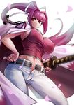  armpits belt breasts camisole denim hand_on_hip high_ponytail highres jacket_on_shoulders jeans katana large_breasts long_hair looking_down looking_to_the_side midriff navel open_fly pants ponytail purple_hair red_eyes sideboob smile solo sowel_(sk3) sword thighs under_night_in-birth weapon yuzuriha_(under_night_in-birth) 