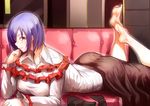  ankles ass ayakumo bangs barefoot black_legwear blush breasts brown_skirt capelet collared_shirt commentary_request couch frills hand_up indoors large_breasts legs_up legwear_removed long_skirt long_sleeves looking_at_viewer lying nagae_iku on_couch on_stomach open_collar purple_hair red_eyes seductive_smile shiny shiny_clothes shiny_hair shiny_skin shirt short_hair sidelocks skirt smile soles solo swept_bangs taut_clothes taut_shirt taut_skirt the_pose toes touhou white_shirt 
