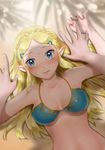  bad_hands bangs bare_shoulders beach bikini blonde_hair blue_eyes blush braid breasts breasts_apart day hair_ornament hairclip highres long_hair looking_at_viewer lying medium_breasts nervous on_back out_of_frame parted_bangs pointy_ears pov pov_hands princess_zelda pushing_down solo_focus sweat sweatdrop swimsuit the_legend_of_zelda the_legend_of_zelda:_breath_of_the_wild wasabi_(legemd) 