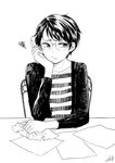  :s arms_on_table bangs chair chin_rest commentary_request crumpled_paper frown frustrated glasses greyscale hand_on_own_chin highres holding holding_paper holding_pen jacket looking_to_the_side monochrome nikaidou_kou original paper pen shirt short_hair signature simple_background sitting solo striped striped_shirt upper_body v-shaped_eyebrows white_background 