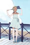  aqua_hair bare_arms beach blue_sky blush cloud day dress eureka eureka_seven eureka_seven_(series) feet fence full_body hair_ornament hairclip hands_on_headwear hat highres ocean outdoors purple_eyes short_hair sky sleeveless sleeveless_dress slippers smile solo sun_hat sundress 