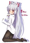  arms_up bangs beni_kurage blunt_bangs blush bow breasts closed_mouth collarbone collared_shirt commentary_request eyebrows_visible_through_hair from_side frown fujiwara_no_mokou full_body hair_bow hair_ribbon head_tilt highres kneeling long_hair long_sleeves looking_at_viewer pantyhose red_eyes red_ribbon ribbon shadow shirt silver_hair simple_background sleeves_past_wrists small_breasts solo thighband_pantyhose touhou translated very_long_hair white_background white_shirt wide_sleeves 