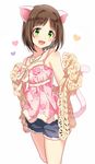  :d animal_ears brown_hair cat_ears cat_tail commentary denim denim_shorts fang floral_print green_eyes heart idolmaster idolmaster_cinderella_girls jewelry maekawa_miku necklace open_mouth revision short_hair shorts smile solo tail yatomi 