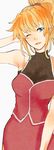  armpit_peek bangs bare_arms blonde_hair blue_eyes breasts buttons cleavage excellen_browning hand_in_hair hayuki106 head_tilt large_breasts long_hair looking_at_viewer medium_hair one_eye_closed pink_skirt see-through side_slit simple_background skirt smile solo super_robot_wars upper_body white_background 