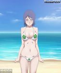  1girl angry beach bikini blue_hair blush breasts cloud eyes_closed female konan legs naruto navel neeba pale-skinned_female pale_skin purple_hair short_hair solo swimsuit water whentai 