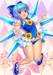  :d absurdres alternate_costume bangs bare_arms bare_shoulders blue_bow blue_eyes blue_hair blue_panties blue_wings blush bow breasts camisole cirno commentary_request flower foreshortening full_body hair_bow highres ice ice_wings lace lace-trimmed_panties lace_trim looking_at_viewer open_mouth panties short_hair small_breasts smile solo sunflower touhou uemura_shun underwear wings 