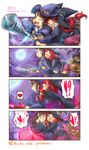  !? 4koma age_difference akko_kagari blush breasts breasts_grab brown_hair child comic flat_chest glasses highres kagari_atsuko red_hair shiny_chariot sweat teacher_and_student watermark witch witch_hat younger yuri yuriwhale 