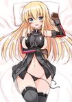  :d absurdres arm_up bare_shoulders bismarck_(kantai_collection) black_panties blonde_hair blue_eyes breast_hold breasts brown_gloves detached_sleeves eyebrows_visible_through_hair gloves grey_legwear hair_between_eyes highres kantai_collection large_breasts long_hair looking_at_viewer lying navel no_pants on_back oota_yuuichi open_clothes open_mouth open_shirt panties scan shirt side-tie_panties smile solo string_panties sweatdrop thighhighs underwear untied untied_panties 