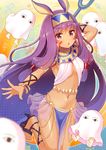  ankh bangs blunt_bangs breasts commentary_request dark_skin earrings egyptian egyptian_clothes eyebrows_visible_through_hair facial_mark fate/grand_order fate_(series) glint hairband hoop_earrings jewelry long_hair looking_at_viewer medium_breasts medjed navel nitocris_(fate/grand_order) pelvic_curtain purple_eyes purple_hair revealing_clothes revision see-through serino_itsuki sidelocks solo very_long_hair 