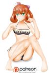  :d ahoge alfred_cullado bikini blush bow breasts collarbone curly_hair freckles green_eyes hair_bow highres legs open_mouth orange_hair patreon_logo paw_pose penny_polendina rwby short_hair side-tie_bikini small_breasts smile solo swimsuit thighs watermark web_address white_background 