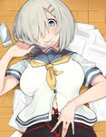  bdsm black_legwear blue_eyes blush bondage bound breasts condom condom_in_mouth hair_ornament hair_over_one_eye hairclip hamakaze_(kantai_collection) hand_in_hair highres jewelry kantai_collection kei_(soundcross) large_breasts looking_at_viewer lying mouth_hold on_back pantyhose paper ring school_uniform serafuku short_hair short_sleeves silver_hair smile solo underwear upper_body wedding_ring 