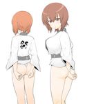  ass bangs blush closed_mouth commentary_request embarrassed from_behind fundoshi girls_und_panzer henyaan_(oreizm) japanese_clothes light_frown looking_at_viewer looking_back multiple_girls nishizumi_maho nishizumi_miho no_pants shirt short_hair siblings simple_background sisters standing white_background white_shirt yamakasa 