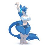  anthro breasts clothed clothing female fur nipple_bulge sergal slightly_chubby solo standing stretching thick_thighs tight_clothing wide_hips yogoat 