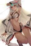  altera_(fate) armpits bangs bare_shoulders black_footwear black_panties blunt_bangs blush bra closed_mouth commentary_request fate/grand_order fate_(series) gaoyang_ou_nisang glint hand_up highres looking_at_viewer navel no_socks panties pink_lips red_eyes shoes short_hair simple_background solo sparkle thigh_gap underwear veil white_background white_bra white_hair 