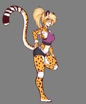  2017 absurd_res amber_eyes anthro blonde_hair cheetah clothed clothing feline female grey_background hair hi_res long_hair looking_at_viewer mammal midriff mihari on_one_leg ponytail scorpdk simple_background solo spots standing 