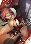  absurdres baiken breasts cape cleavage glint guilty_gear highres japanese_clothes katana kimono large_breasts long_hair open_clothes open_kimono parted_lips pink_eyes pink_hair ponytail sandals sash scar scar_across_eye sheath sheathed smile solo sword tassel tattoo weapon yamacchi 