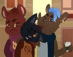  &lt;3 &lt;3_eyes :3 anthro bear blue_eyes bombshell_(nitw) brown_eyes can cat clothed clothing ear_piercing eye_contact feline female group hand_on_shoulder hoodie luicario mae_(nitw) mammal night_in_the_woods one_eye_closed piercing red_eyes scarf selmers_(nitw) smile wink 